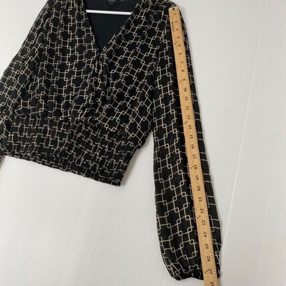 HAVER LONDON Black/Gold Geo Chains VNeck Elastic Cuffs Ruched Waist Blouse Large - Picture 10 of 15